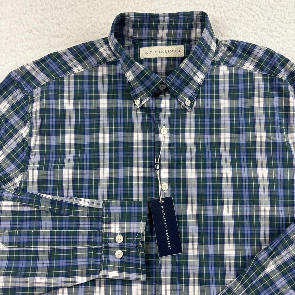 Holderness & Bourne Shirt Mens XL Blue Check Andrews Tailored Fit Stretch